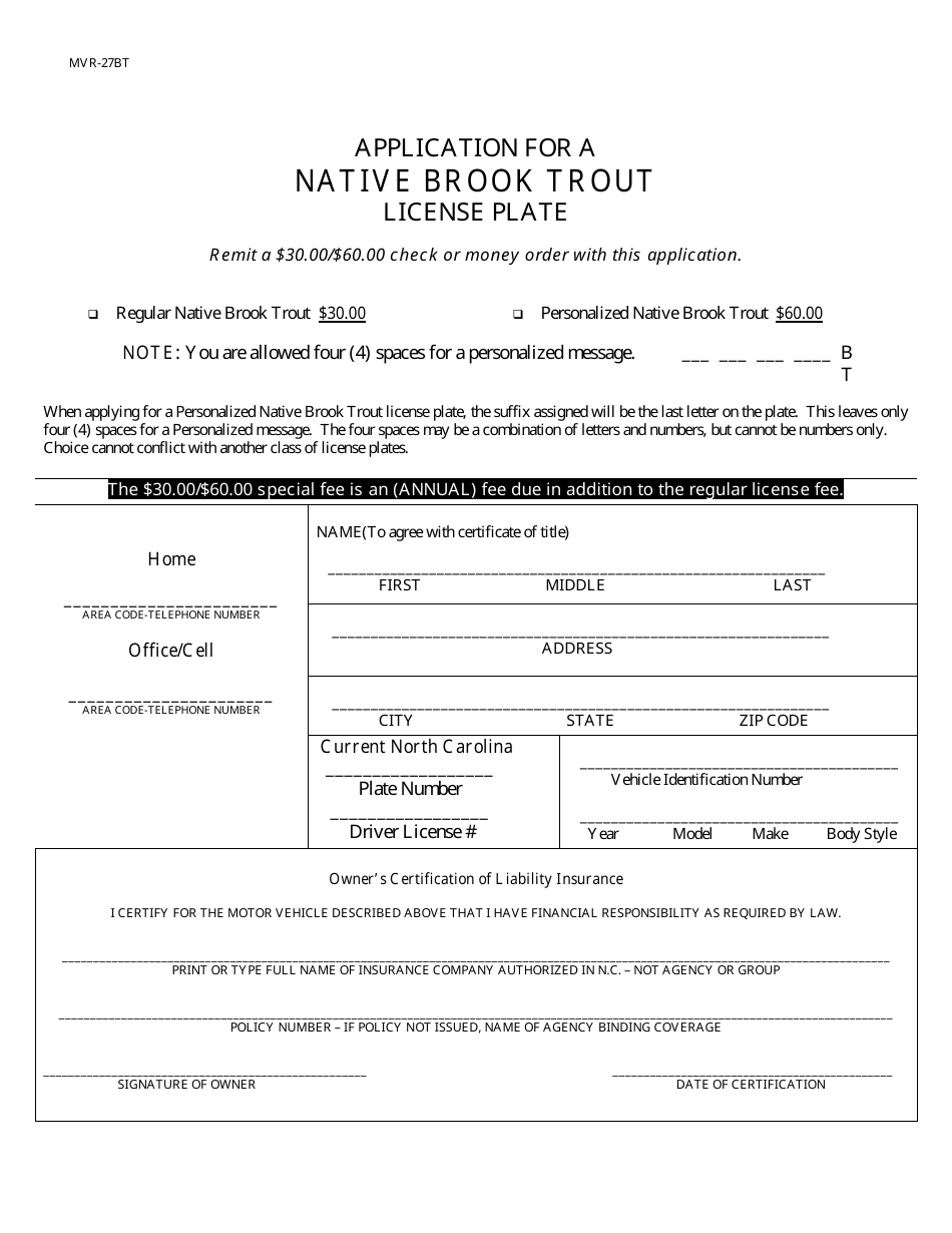 Form MVR-27BT Application for a Native Brook Trout License Plate - North Carolina, Page 1