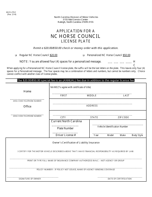 Form MVR-27HC Application for a Nc Horse Council License Plate - North Carolina