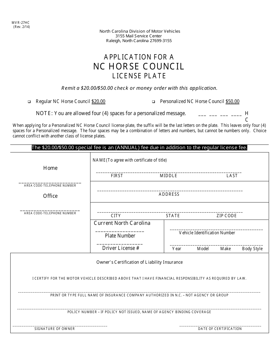 Form MVR-27HC Application for a Nc Horse Council License Plate - North Carolina, Page 1