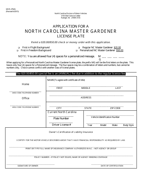 Form MVR-27MG Application for a North Carolina Master Gardener License Plate - North Carolina