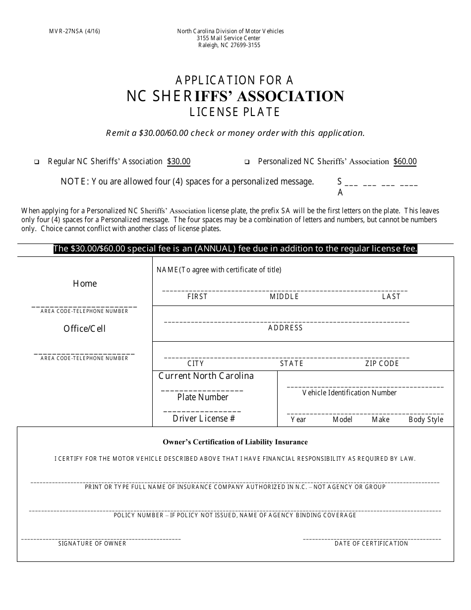 Form MVR-27NSA Application for a Nc Sheriffs Association License Plate - North Carolina, Page 1