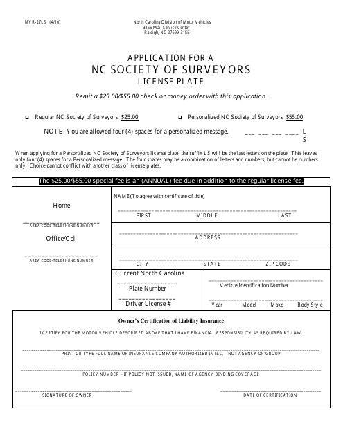 Form MVR-27LS Application for a Nc Society of Surveyors License Plate - North Carolina
