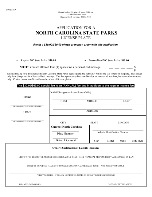 Form MVR-27SP Application for a North Carolina State Parks License Plate - North Carolina
