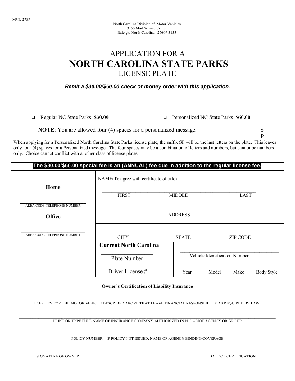 Form MVR-27SP Application for a North Carolina State Parks License Plate - North Carolina, Page 1