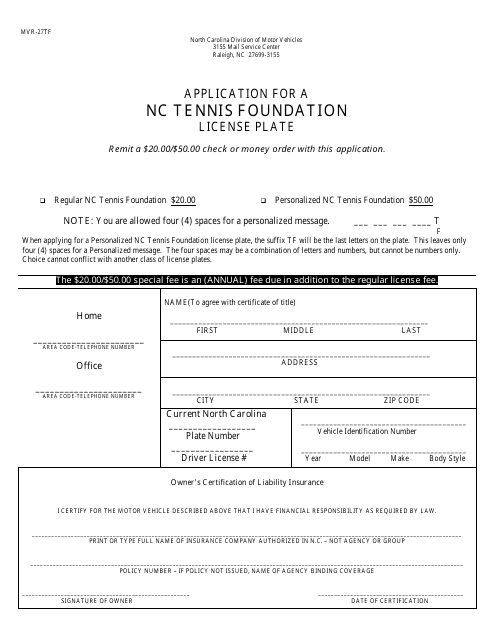 Form MVR-27TF Application for a Nc Tennis Foundation License Plate - North Carolina