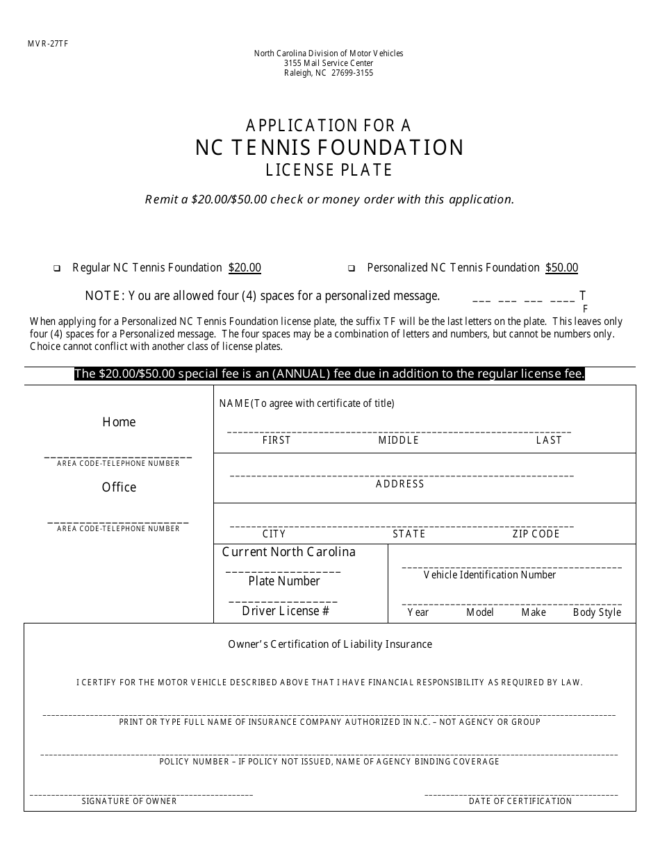 Form MVR-27TF Application for a Nc Tennis Foundation License Plate - North Carolina, Page 1