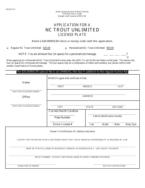 Form MVR-27TU Application for a Nc Trout Unlimited License Plate - North Carolina