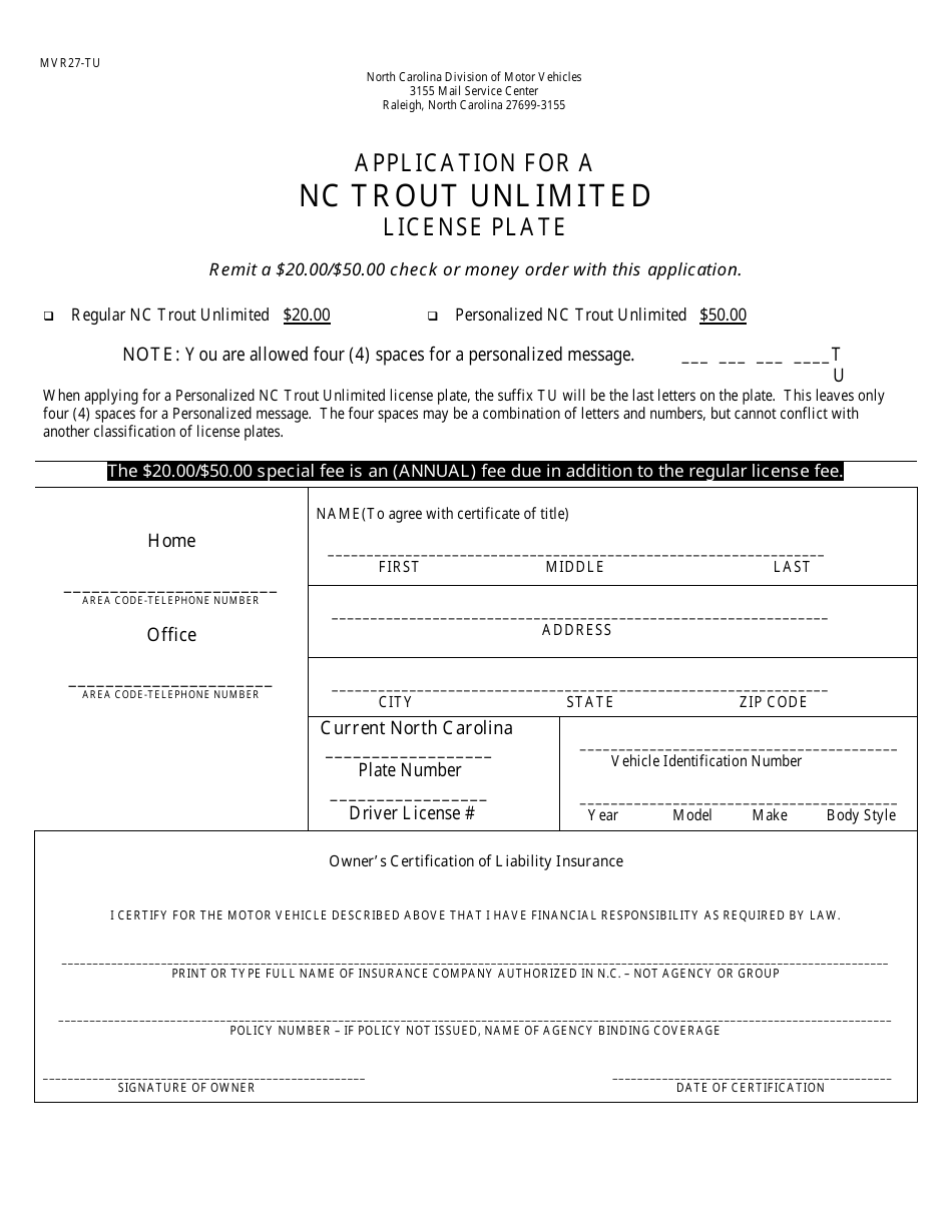 Form MVR27TU Fill Out, Sign Online and Download Printable PDF, North