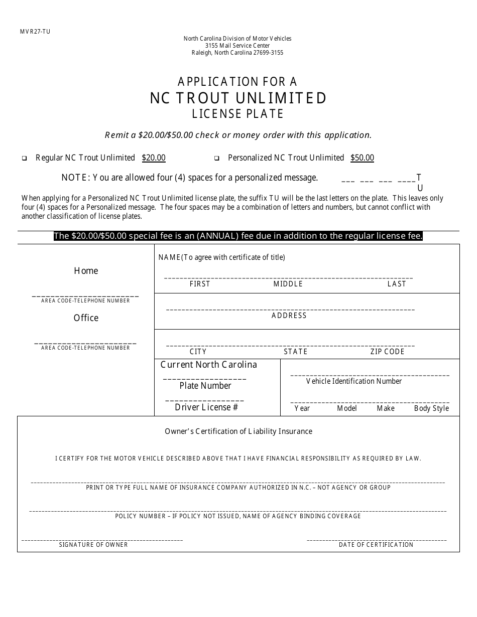 Form MVR-27TU Application for a Nc Trout Unlimited License Plate - North Carolina, Page 1