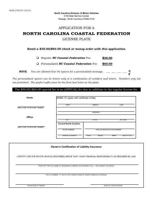 Form MVR-27NCCF Application for a North Carolina Coastal Federation License Plate - North Carolina
