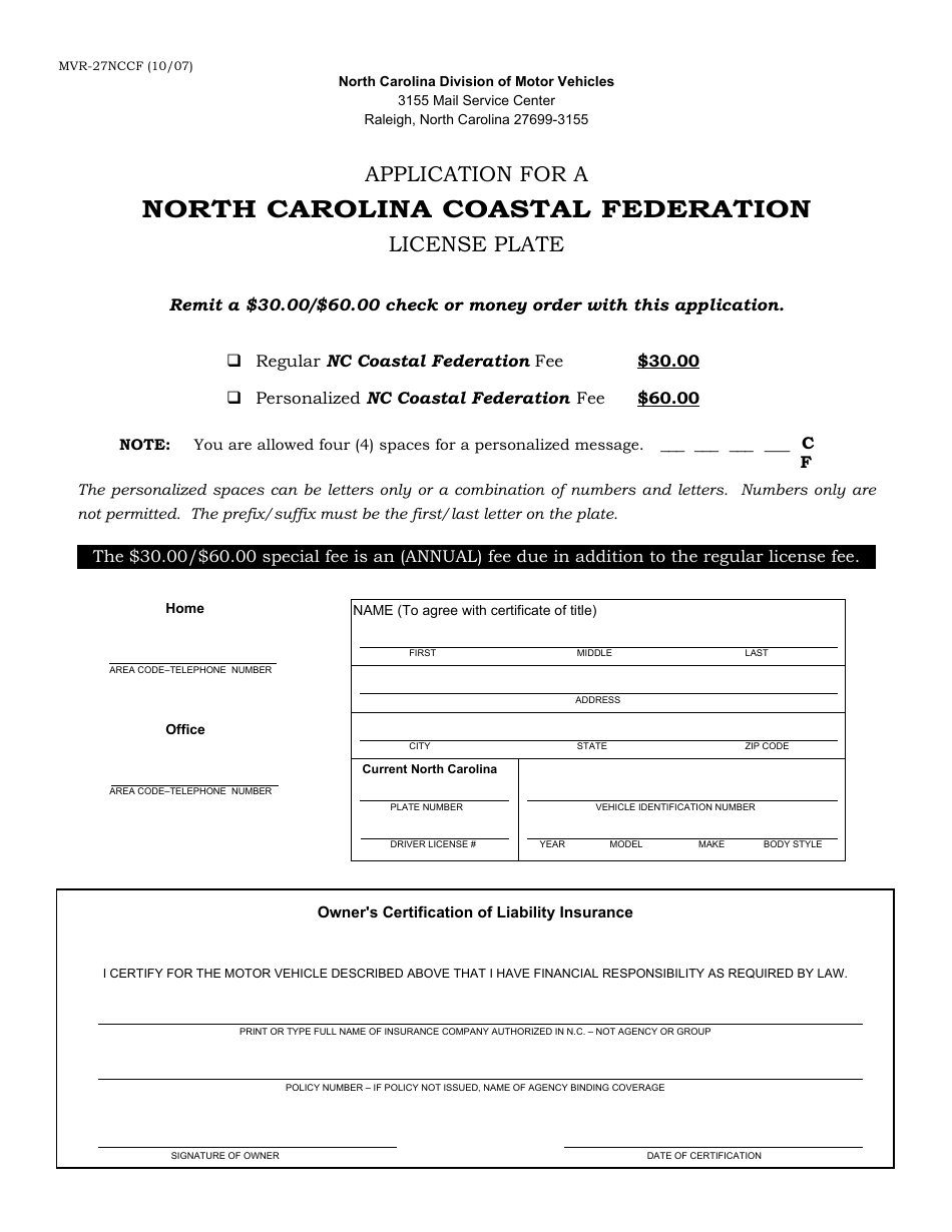 Form MVR-27NCCF Application for a North Carolina Coastal Federation License Plate - North Carolina, Page 1