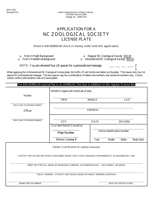 Form MVR-27ZS Application for a Nc Zoological Society License Plate - North Carolina