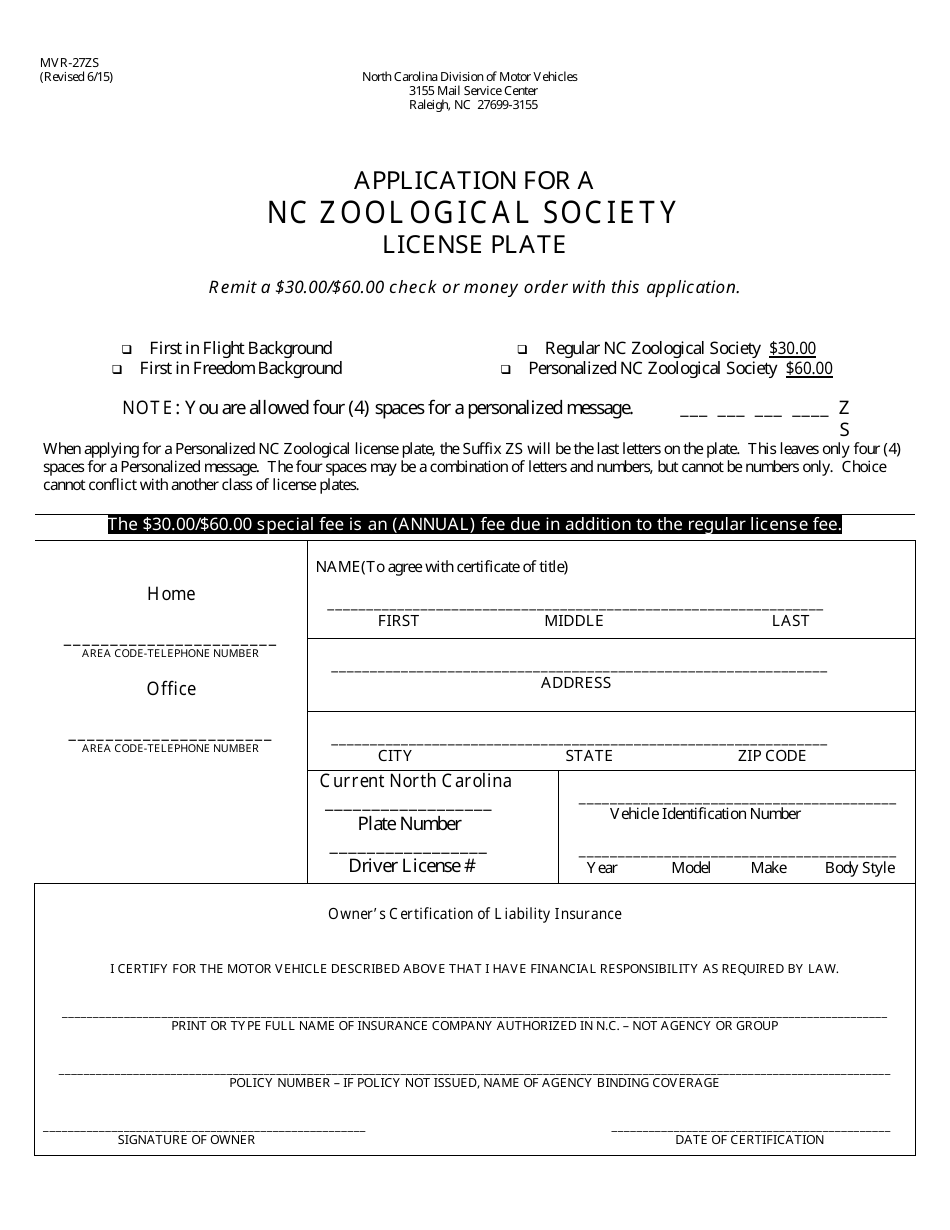 Form MVR-27ZS Application for a Nc Zoological Society License Plate - North Carolina, Page 1
