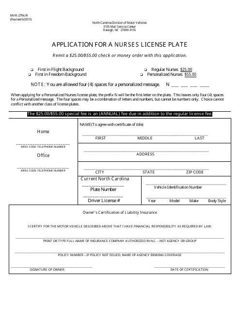 Form MVR-27NUR Application for a Nurses License Plate - North Carolina