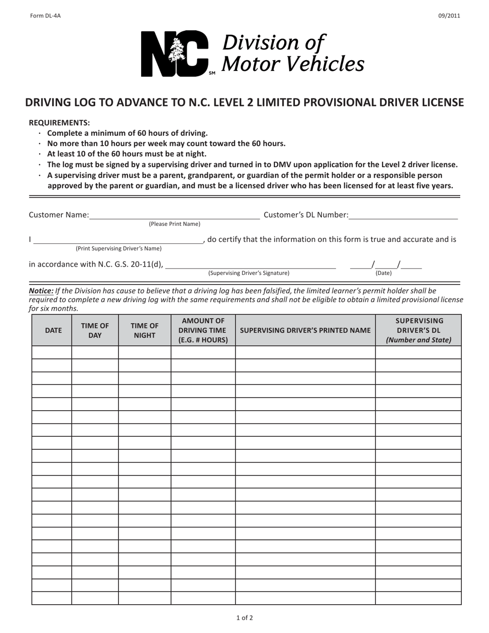 Form DL4A Download Fillable PDF or Fill Online Driving Log to Advance