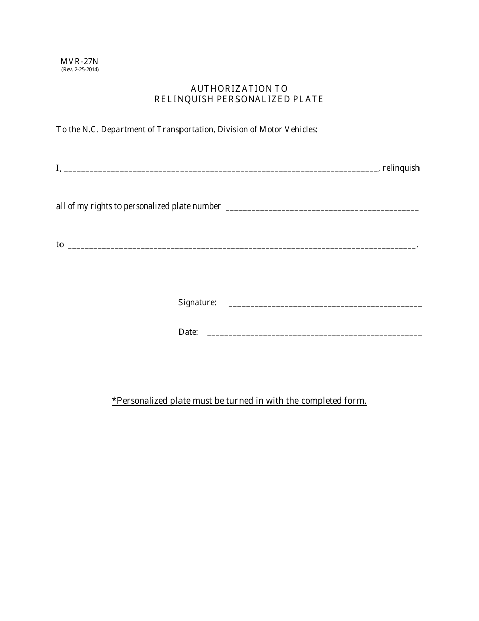 Form Mvr 27n Download Fillable Pdf Or Fill Online Authorization To Relinquish Personalized Plate North Carolina Templateroller Form Mvr 27n Download Fillable Pdf Or Fill Online Authorization To Relinquish Personalized Plate North Carolina Templateroller