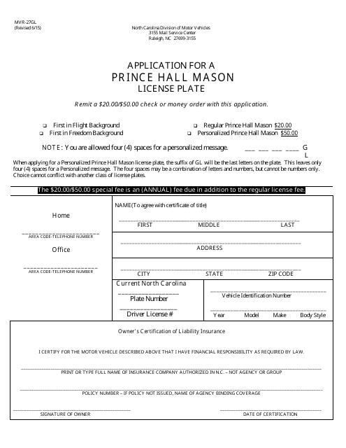 Form MVR-27GL Application for a Prince Hall Mason License Plate - North Carolina