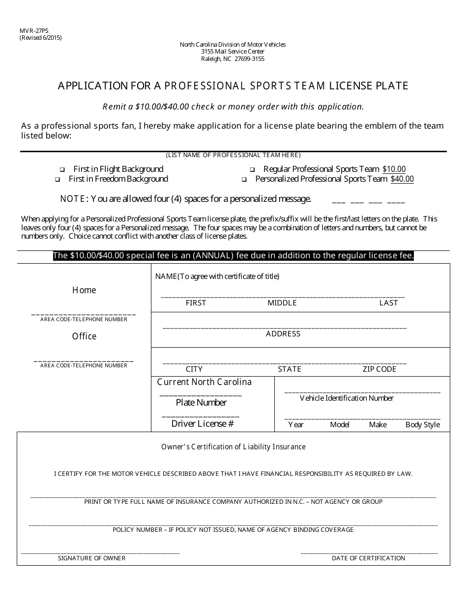 Form MVR-27PS Application for a Professional Sports Team License Plate - North Carolina, Page 1