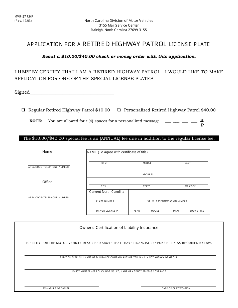 Form MVR-27 RHP Application for a Retired Highway Patrol License Plate - North Carolina, Page 1