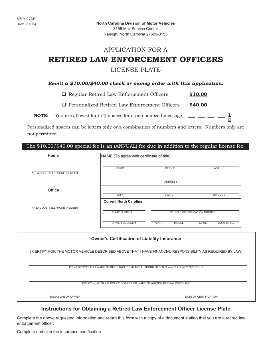 Form MVR-27LE Application for a Retired Law Enforcement Officers License Plate - North Carolina, Page 1