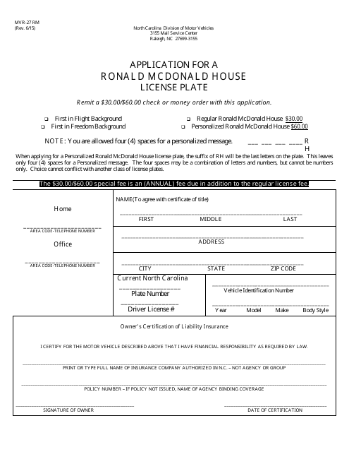 Form MVR-27 RM Application for a Ronald Mcdonald House License Plate - North Carolina