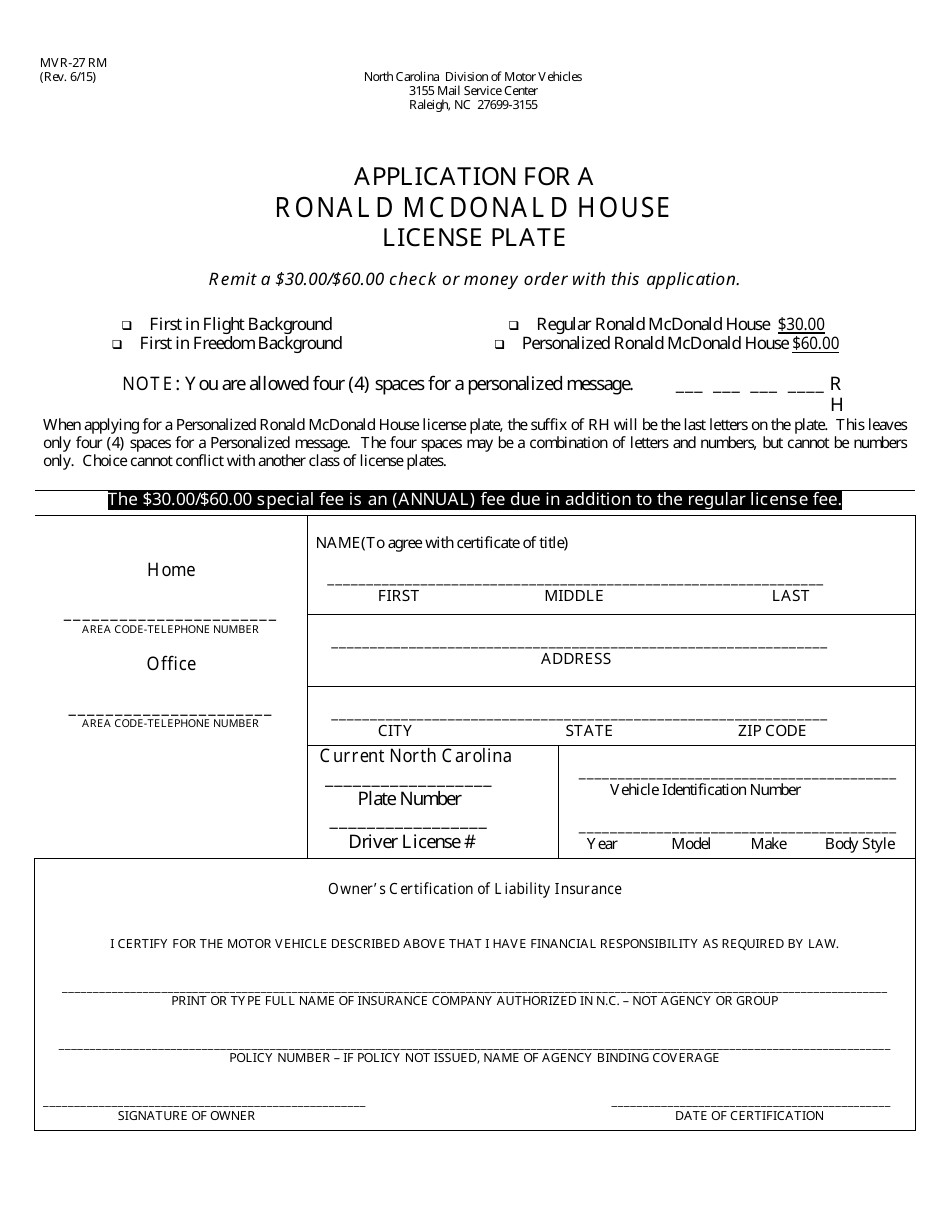 Form MVR-27 RM Application for a Ronald Mcdonald House License Plate - North Carolina, Page 1