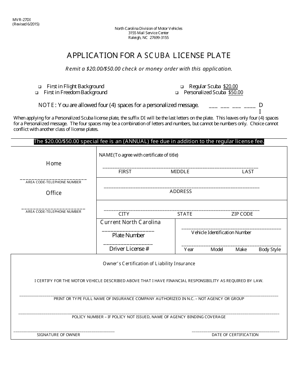 Form MVR-27DI Application for a Scuba License Plate - North Carolina, Page 1