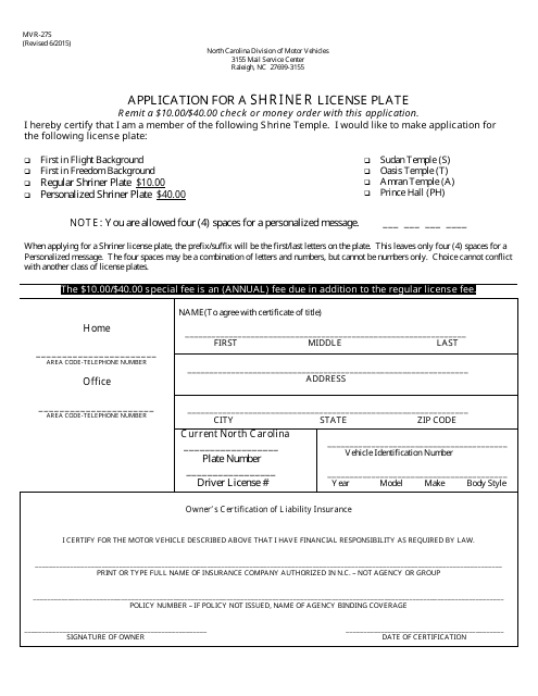 Form MVR-27S Application for a Shriner License Plate - North Carolina
