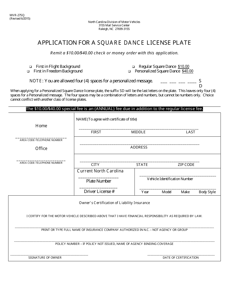 Form MVR-27SQ Application for a Square Dance License Plate - North Carolina, Page 1