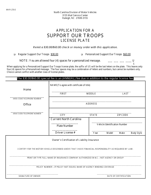 Form MVR-27US Application for a Support Our Troops License Plate - North Carolina