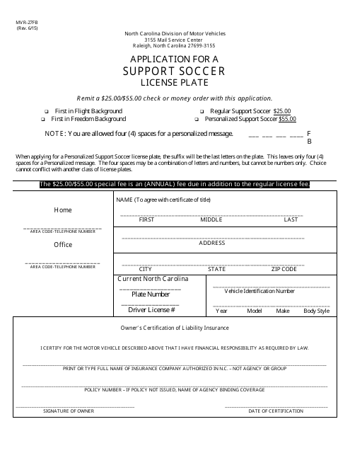 Form MVR-27FB Application for a Support Soccer License Plate - North Carolina