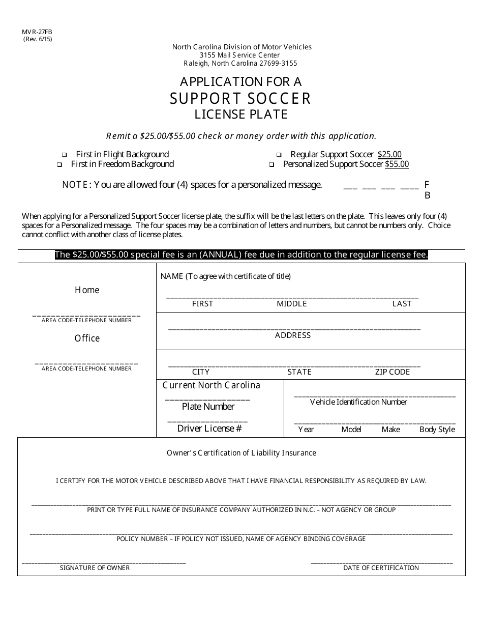 Form MVR-27FB Application for a Support Soccer License Plate - North Carolina, Page 1