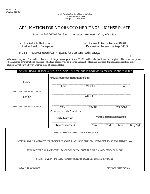 Form MVR-27TH Application for a Tobacco Heritage License Plate - North Carolina