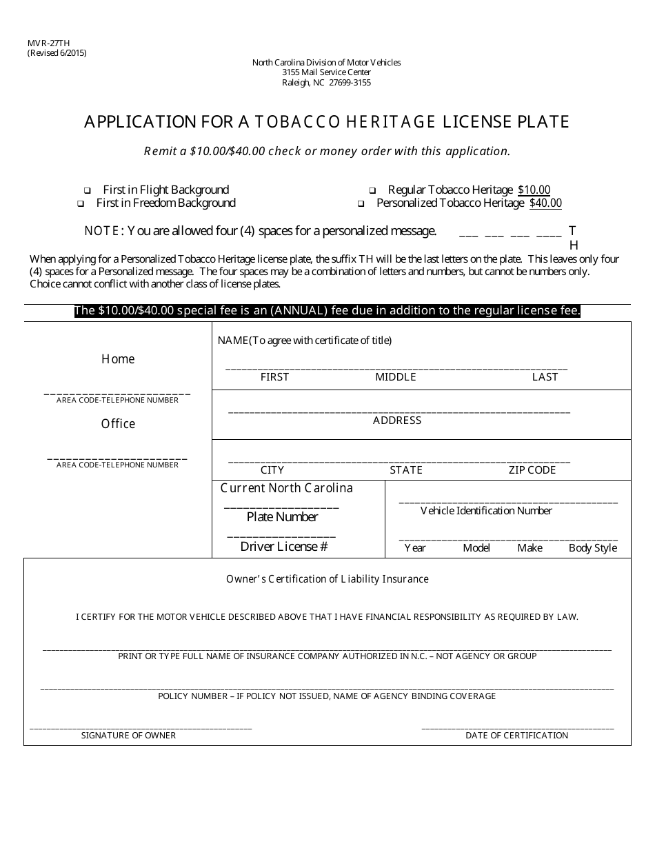 Form MVR27TH Download Printable PDF or Fill Online Application for a Tobacco Heritage License