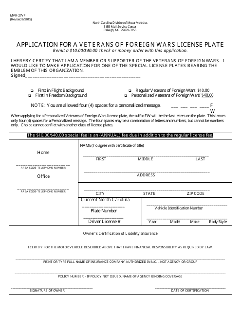 Form MVR-27VF Application for a Veterans of Foreign Wars License Plate - North Carolina
