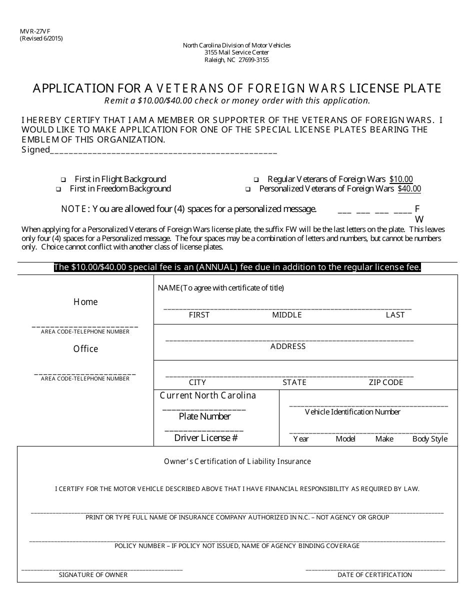 Form MVR-27VF Application for a Veterans of Foreign Wars License Plate - North Carolina, Page 1