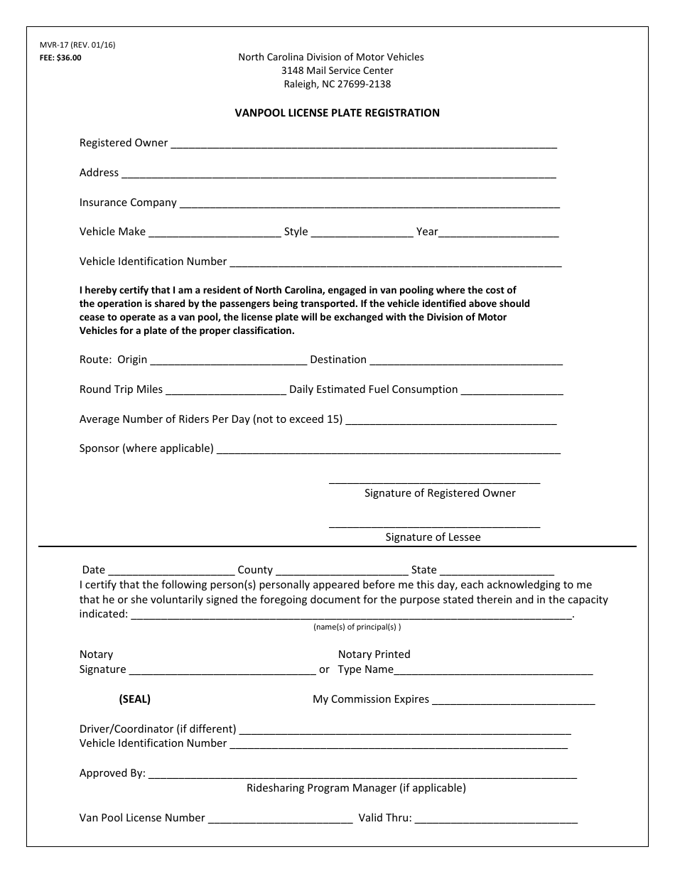 Form MVR-17 Vanpool License Plate Registration - North Carolina, Page 1
