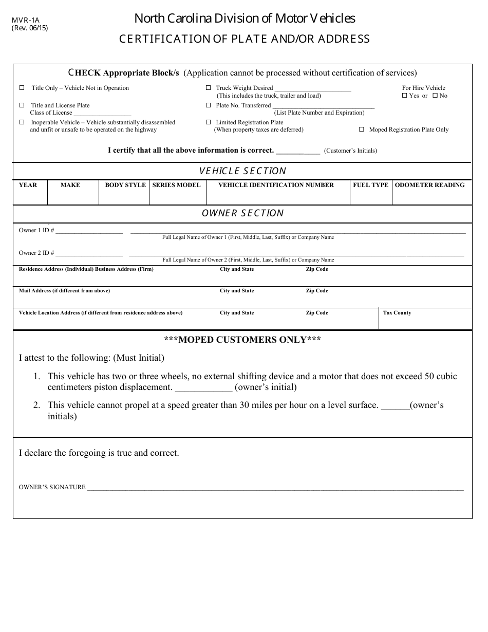 Form MVR-1A Certification of Plate and / or Address - North Carolina, Page 1