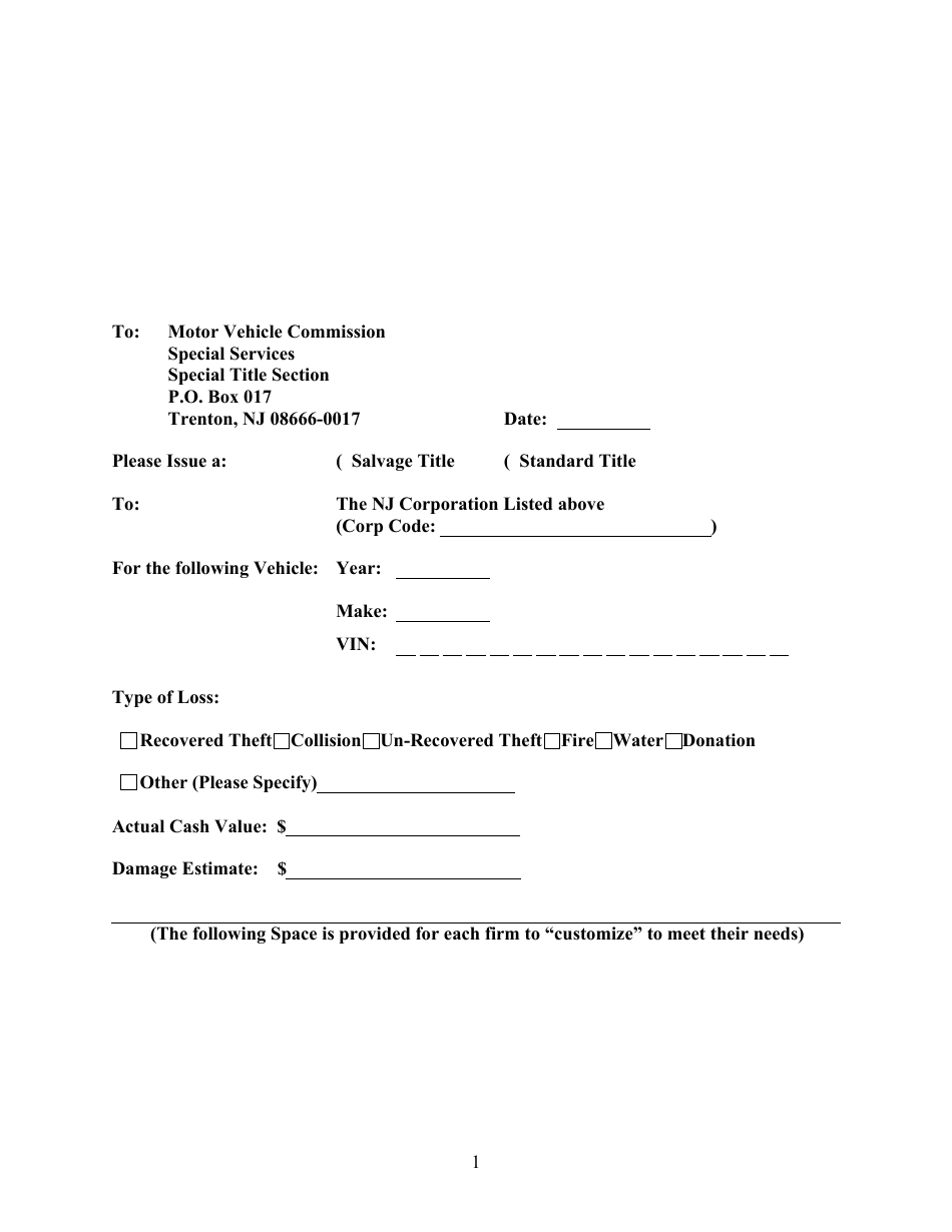Insurance Listing Sheet - New Jersey, Page 1