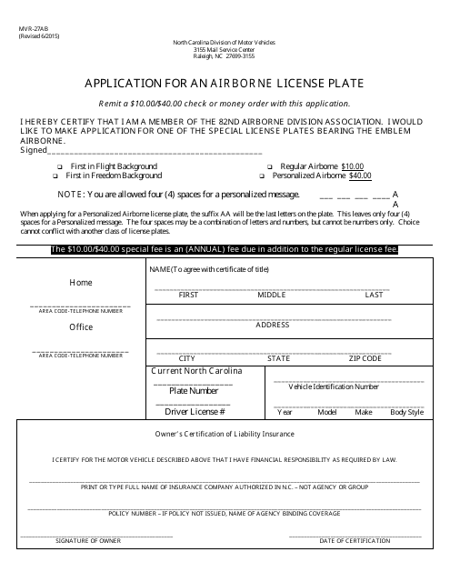 Form MVR-27AB Application for an Airborne License Plate - North Carolina