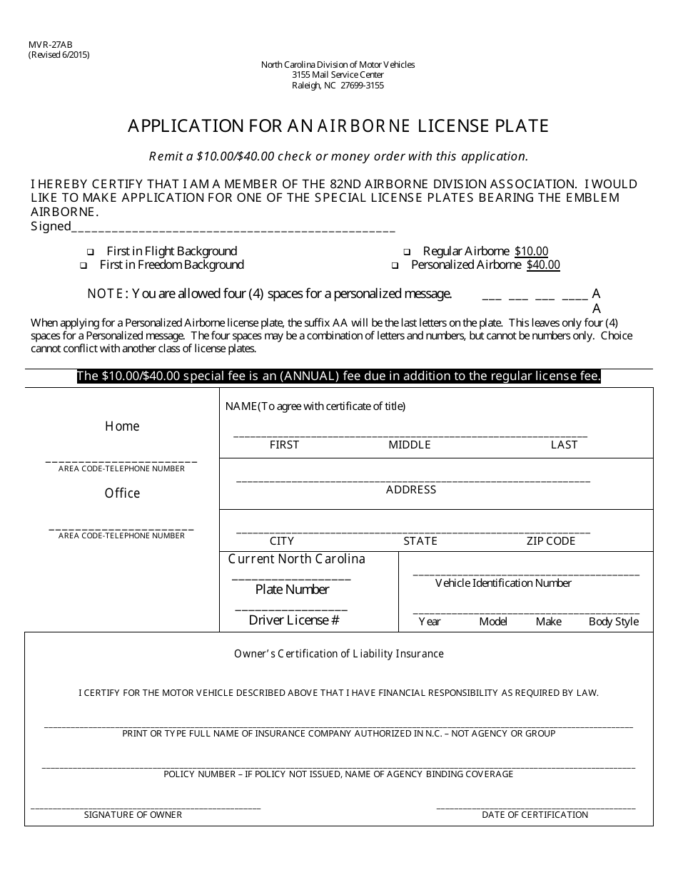 Form MVR-27AB Application for an Airborne License Plate - North Carolina, Page 1
