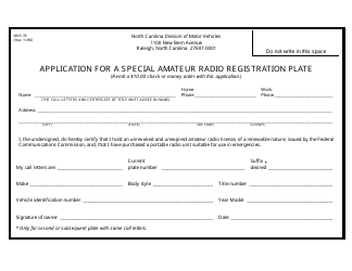 Document preview: Form MVR-35 Application for a Special Amateur Radio Registration Plate - North Carolina