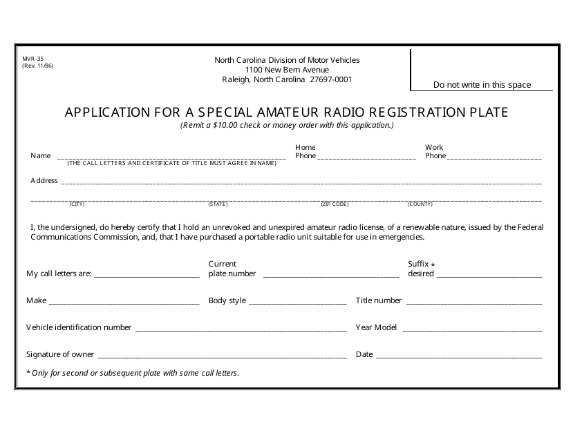 Form MVR-35 Application for a Special Amateur Radio Registration Plate - North Carolina