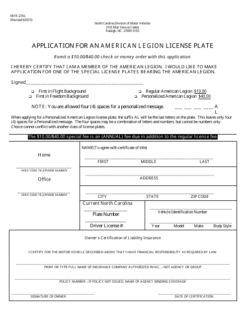 Form MVR-27AL Application for an American Legion License Plate - North Carolina