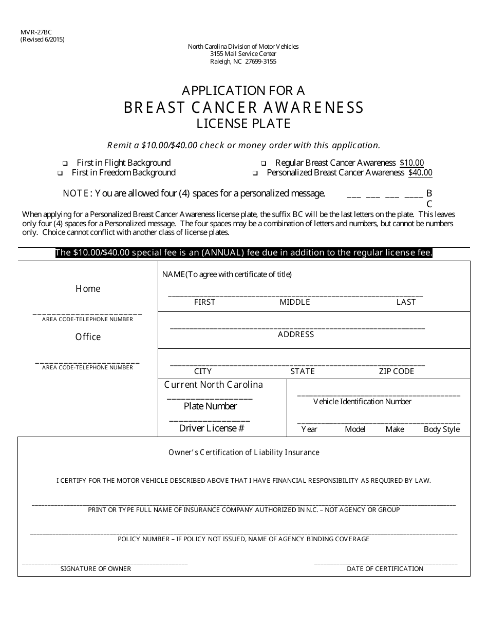 Form MVR-27BC Application for a Breast Cancer Awareness License Plate - North Carolina, Page 1
