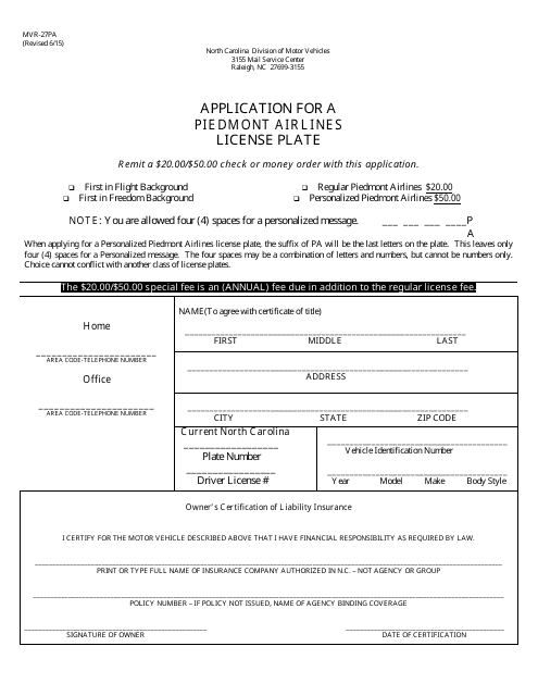 Form MVR-27PA Application for a Piedmont Airlines License Plate - North Carolina
