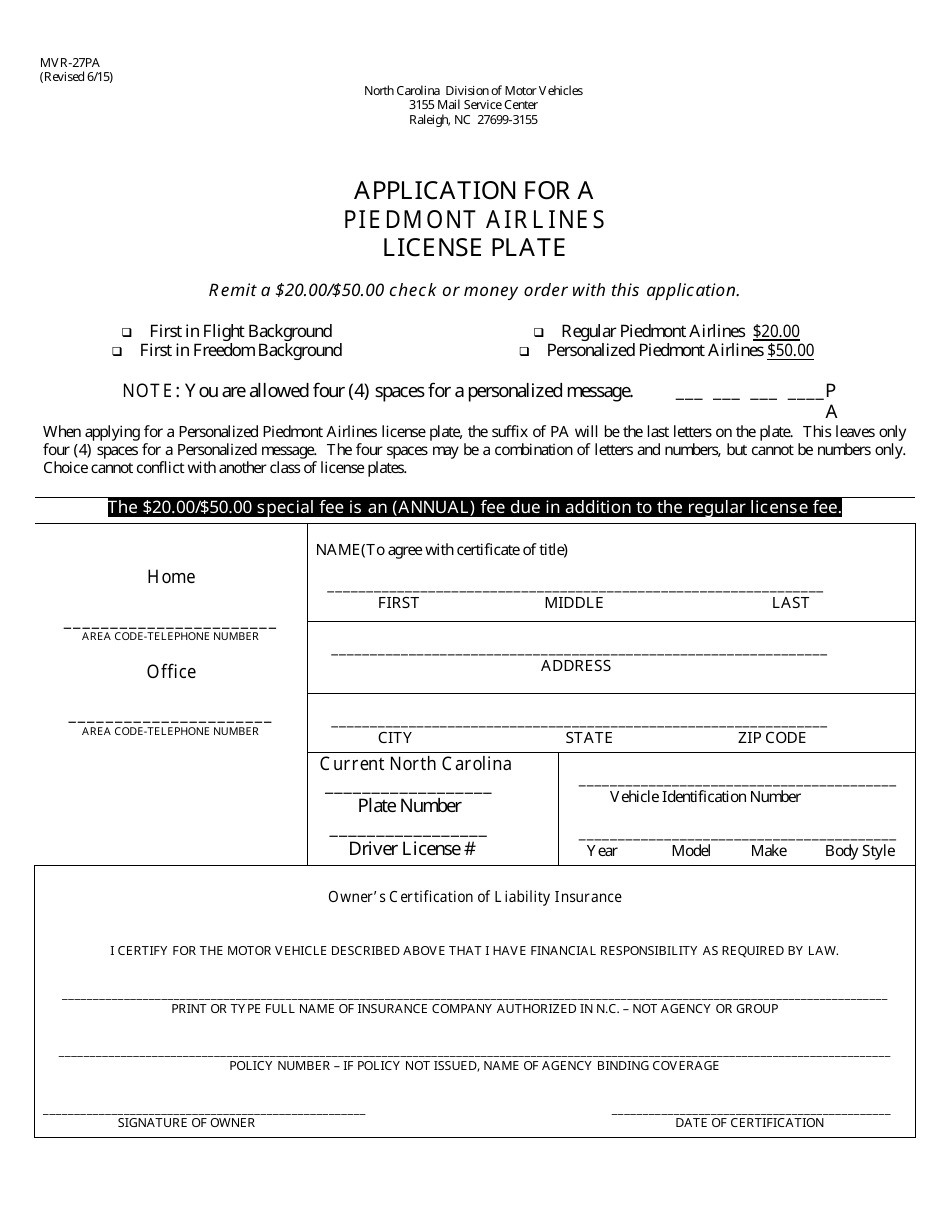 Form MVR-27PA Application for a Piedmont Airlines License Plate - North Carolina, Page 1