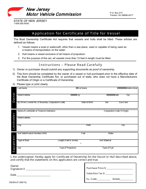 Form OS/SS-27 Application for Certificate of Title for Vessel - New Jersey
