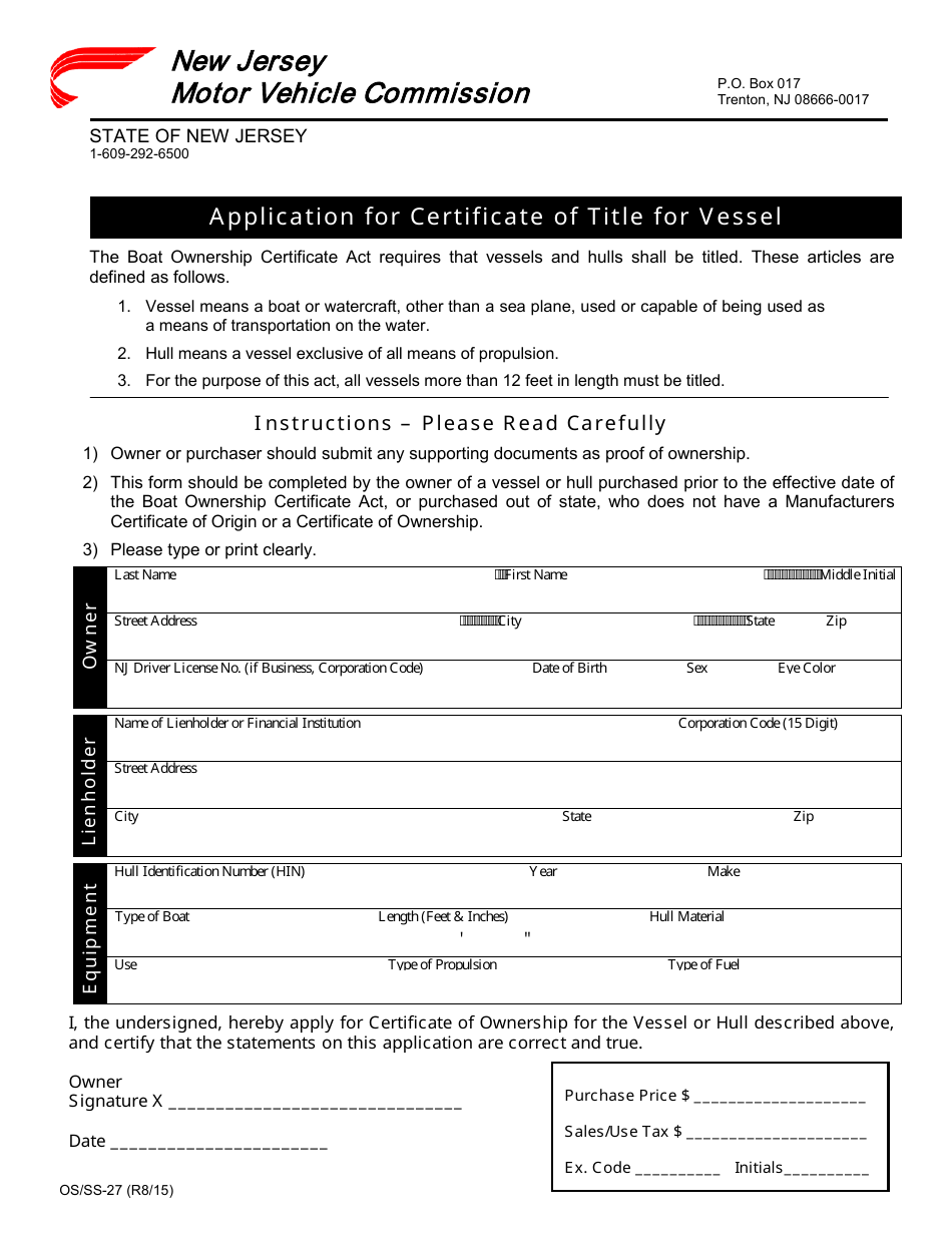 Form OS / SS-27 Application for Certificate of Title for Vessel - New Jersey, Page 1