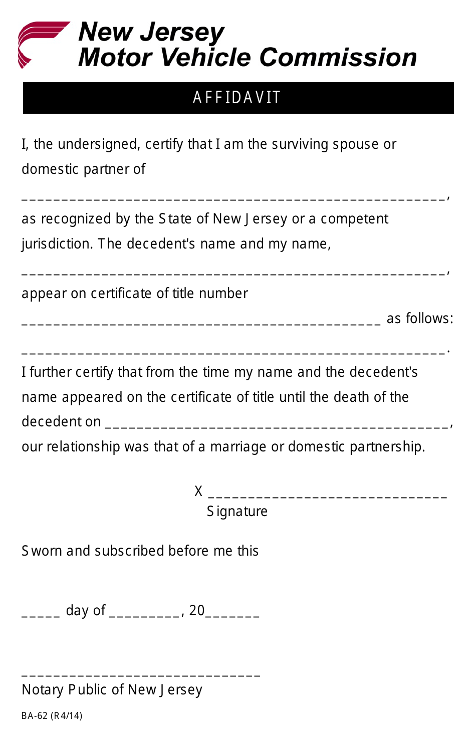 Form BA-62 Affidavit of Surviving Spouse - New Jersey, Page 1